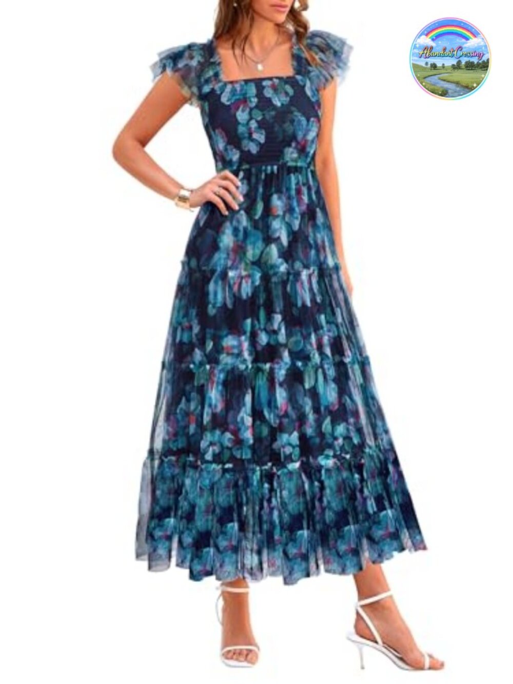 Women's Smocked Midi Tulle Dress Sleeveless Fit and Flare A-Line